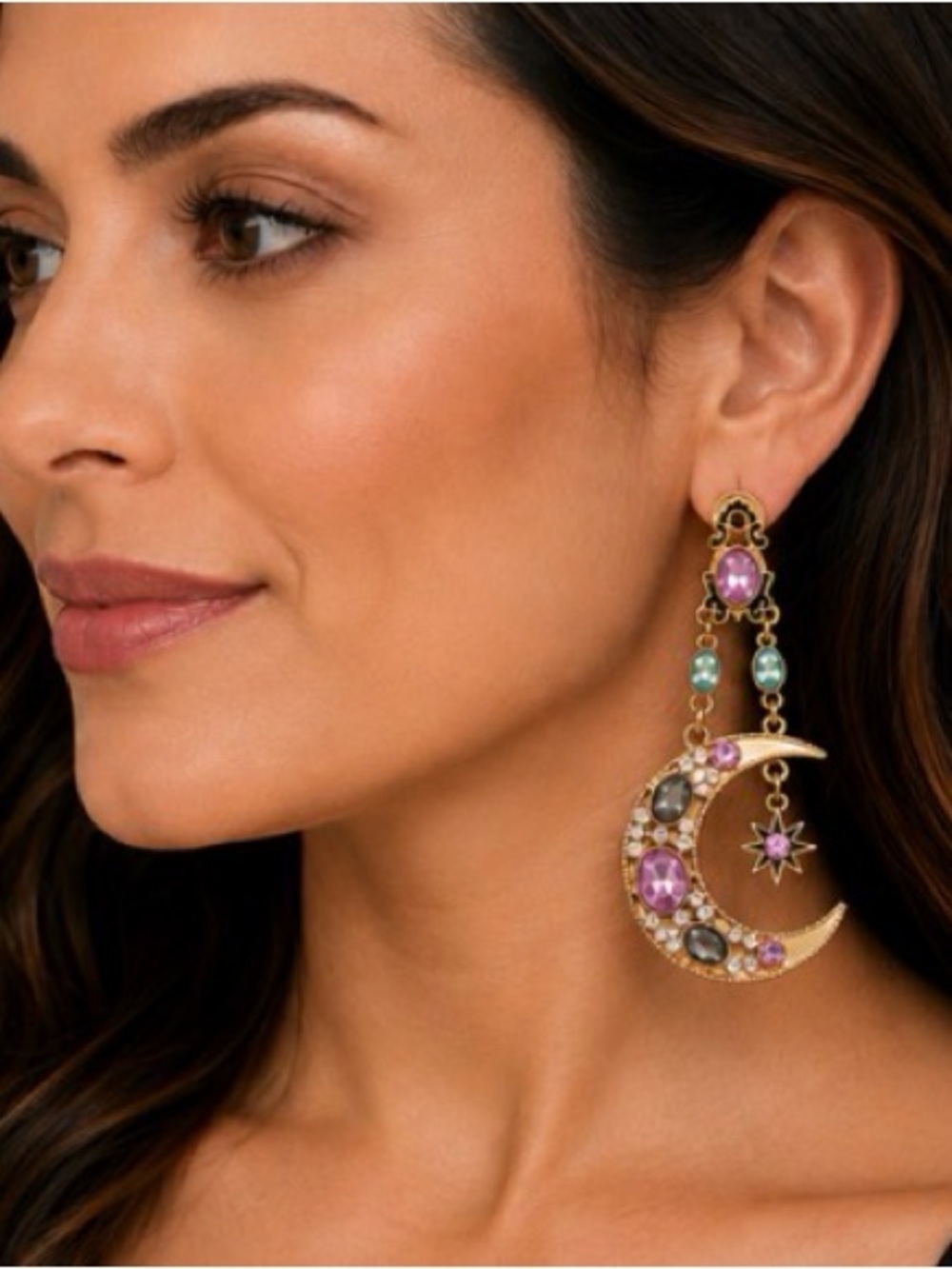 Gold-Tone Pink Gem Starburst Drop Earrings - Picture 3 of 5